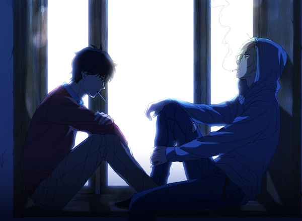 Anime picture 900x658 with banana fish mappa ash lynx okumura eiji sawa nya fringe short hair black hair blonde hair hair between eyes sitting holding green eyes looking away bent knee (knees) profile black eyes multiple boys shadow mouth hold