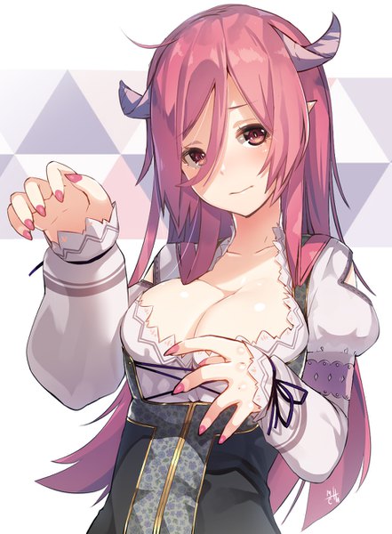Anime picture 964x1311 with original meth (emethmeth) single long hair tall image looking at viewer blush fringe breasts light erotic hair between eyes large breasts signed payot pink hair cleavage upper body nail polish pink eyes horn (horns)