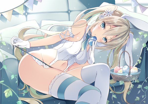 Anime picture 1000x707 with original yu-ori single long hair looking at viewer blush fringe breasts blue eyes light erotic blonde hair hair between eyes sitting holding animal ears payot ass parted lips hair flower bunny ears