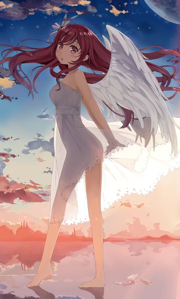 Anime picture 1620x2685 with original 5 nenme no houkago kurumi (kantoku) kantoku single long hair tall image looking at viewer blush light erotic red eyes bare shoulders sky cloud (clouds) full body red hair barefoot wind sunlight bare legs