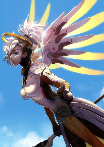 Anime picture 1061x1500 with overwatch blizzard entertainment mercy (overwatch) hei yu single tall image fringe short hair breasts blue eyes large breasts holding looking away silver hair cloud (clouds) ponytail hair over one eye flying mechanical wings alternate hair color