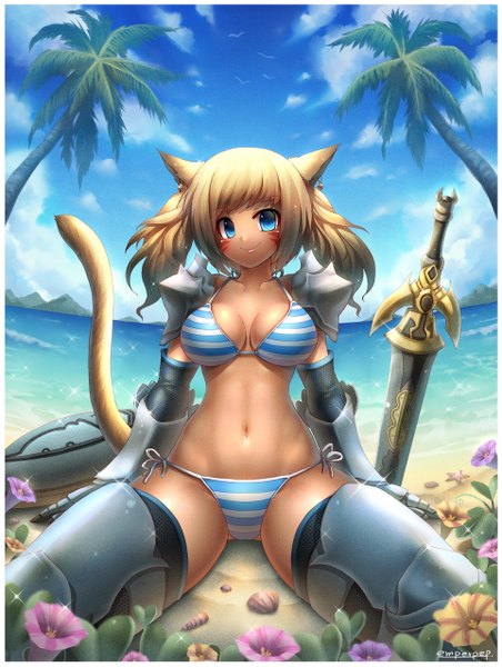 Anime picture 962x1275 with original emperpep single long hair tall image blue eyes light erotic blonde hair smile twintails animal ears sky cloud (clouds) tail animal tail cat ears cat girl cat tail beach mountain