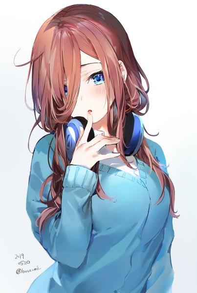 Anime picture 960x1430 with go-toubun no hanayome nakano miku umibouzu (niito) single long hair tall image looking at viewer blush fringe breasts open mouth blue eyes simple background brown hair standing signed upper body long sleeves head tilt hair over one eye
