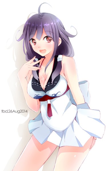 Anime picture 1914x3000 with kantai collection taigei light aircraft carrier tebi (tbd11) single long hair tall image looking at viewer highres breasts open mouth light erotic smile red eyes large breasts twintails bare shoulders signed cleavage purple hair ahoge