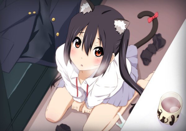 Anime picture 1527x1080 with k-on! kyoto animation nakano azusa oku no shi single long hair looking at viewer blush open mouth black hair red eyes animal ears tail animal tail cat ears cat girl cat tail kemonomimi mode nekomimi mode girl