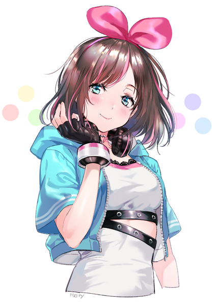 Anime picture 700x1000 with virtual youtuber a.i. channel kizuna ai kizuna ai (a.i. games) mery (yangmalgage) single tall image looking at viewer blush short hair simple background smile brown hair white background signed upper body multicolored hair aqua eyes open clothes two-tone hair