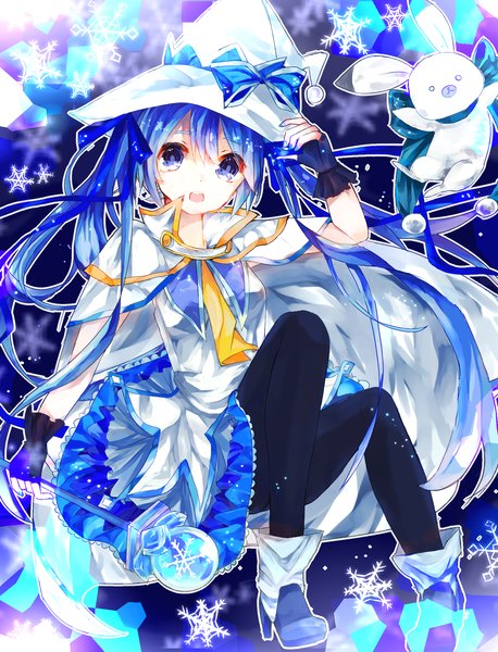 Anime picture 1489x1949 with vocaloid suki! yuki! maji magic (vocaloid) hatsune miku yuki miku yuki miku (2014) kannatou single long hair tall image open mouth blue eyes twintails blue hair girl skirt gloves ribbon (ribbons) hair ribbon hat pantyhose