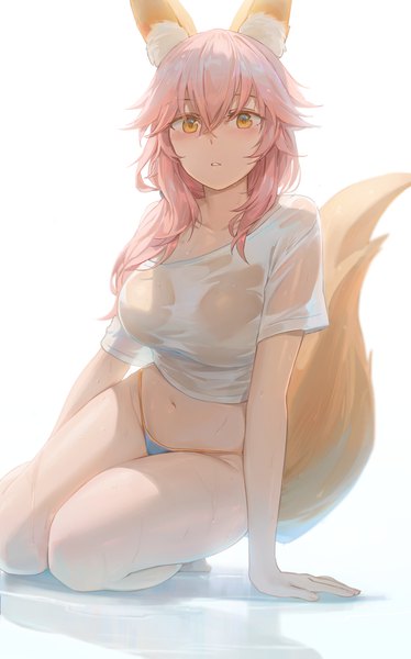 Anime picture 1880x3013 with fate (series) fate/grand order tamamo (fate) (all) tamamo no mae (swimsuit lancer) (fate) free style (yohan1754) single long hair tall image looking at viewer blush fringe highres breasts light erotic simple background hair between eyes sitting animal ears pink hair tail