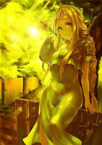 Anime picture 1000x1415 with aria alicia florence toreador single long hair tall image looking at viewer blue eyes blonde hair smile sitting holding sunlight evening sunset girl dress hair ornament bow plant (plants)