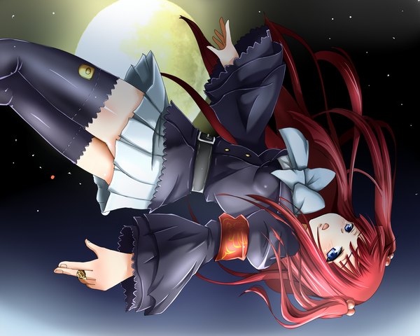 Anime picture 1500x1200 with umineko no naku koro ni ushiromiya ange chaba (cyazuke) single long hair looking at viewer blush open mouth blue eyes red hair two side up girl thighhighs skirt black thighhighs bowtie moon