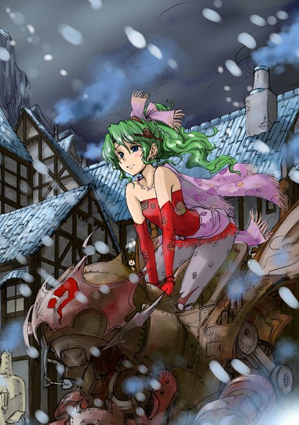 Anime picture 900x1277 with final fantasy final fantasy vi square enix tina branford nekoguchi single long hair tall image blush blue eyes bare shoulders looking away sky green hair night snowing winter smoke girl gloves