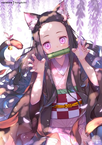 Anime picture 707x1000 with kimetsu no yaiba ufotable kamado nezuko hong (white spider) single long hair tall image looking at viewer blush black hair holding signed animal ears tail traditional clothes japanese clothes animal tail pink eyes fingernails cat ears