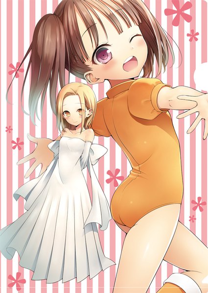 Anime picture 708x1000 with nanatsu no taizai a-1 pictures diane (nanatsu no taizai) elaine (nanatsu no taizai) taishou tanaka tall image looking at viewer blush fringe short hair open mouth blonde hair smile brown hair standing purple eyes bare shoulders multiple girls yellow eyes full body