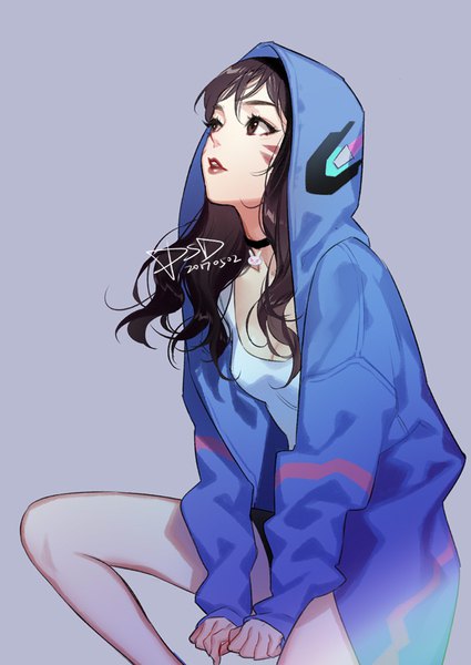 Anime picture 650x918 with overwatch blizzard entertainment d.va (overwatch) psd (pixiv) single long hair tall image black hair simple background sitting signed black eyes open jacket lipstick facial mark dated looking up red lipstick whisker markings purple background