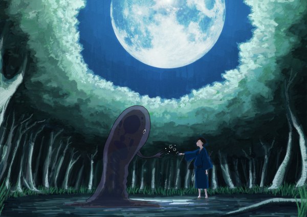 Anime picture 1754x1240 with original izuxco highres night ghost boy plant (plants) tree (trees) moon full moon forest yukata monster creature