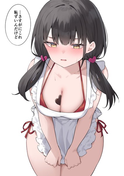 Anime-Bild 850x1200 mit original alexmaster single long hair tall image blush breasts light erotic black hair simple background large breasts white background twintails yellow eyes embarrassed text low twintails between breasts valentine nearly naked apron