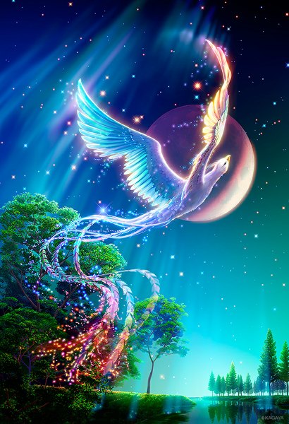 Anime picture 701x1024 with original mythology kagaya tall image night no people fantasy scenic river plant (plants) animal tree (trees) bird (birds) star (stars) planet phoenix