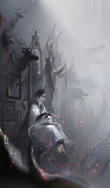 Anime-Bild 1049x1781 mit bloodborne from software yurie the last scholar bloodytongue666 single tall image sitting looking away blindfold boy gloves black gloves headdress skull picture