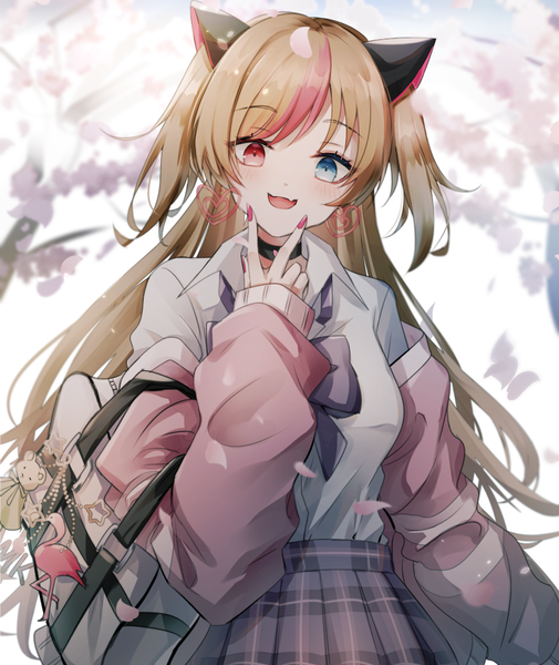 Anime picture 841x1000 with girls frontline mk23 (girls frontline) mk23 (new term begins with a meow) (girls frontline) kogarashi kon single long hair tall image looking at viewer open mouth blonde hair animal ears outdoors nail polish :d multicolored hair off shoulder two side up streaked hair heterochromia official alternate costume