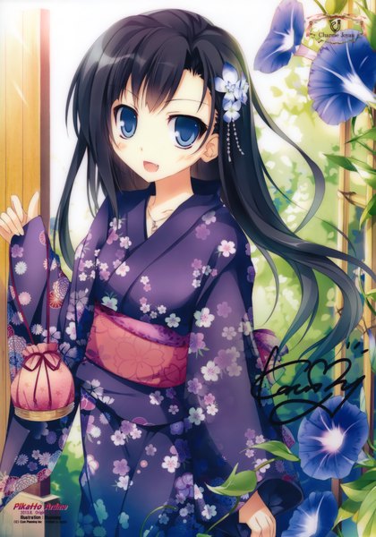 Anime picture 2420x3457 with original karory single long hair tall image blush highres open mouth blue eyes black hair traditional clothes japanese clothes scan girl hair ornament flower (flowers) kimono obi morning glory kinchaku