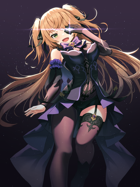 Anime-Bild 1000x1333 mit genshin impact fischl (genshin impact) shands single long hair tall image looking at viewer open mouth light erotic blonde hair green eyes :d from below two side up girl thighhighs ribbon (ribbons) hair ribbon detached sleeves eyepatch
