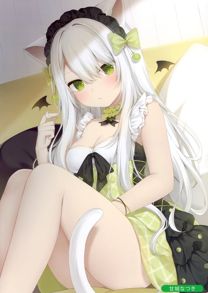 Anime picture 2105x2958 with melonbooks nachi single long hair tall image looking at viewer blush fringe highres breasts hair between eyes sitting green eyes signed animal ears cleavage white hair tail animal tail cat ears