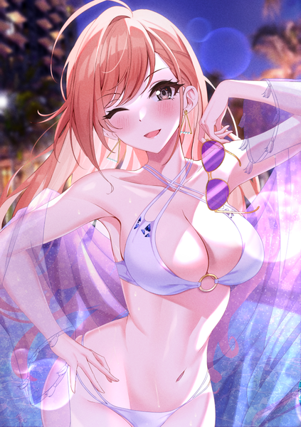 Anime picture 847x1200 with idolmaster idolmaster shiny colors arisugawa natsuha sutoroa single long hair tall image looking at viewer blush fringe breasts open mouth light erotic smile large breasts standing holding cleavage ahoge outdoors