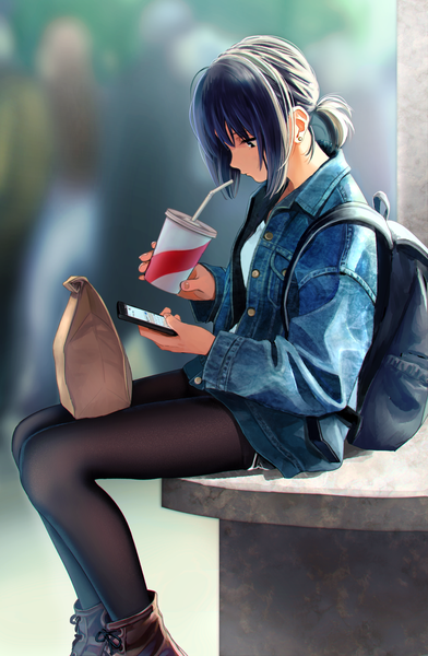 Anime picture 1233x1887 with original nashigaya koyomi single tall image fringe short hair black hair hair between eyes sitting holding outdoors profile black eyes blurry open clothes open jacket depth of field looking down low ponytail casual