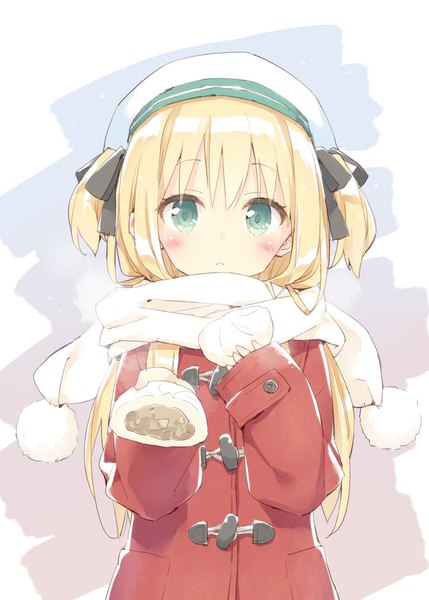 Anime picture 643x900 with original shimotsuki potofu peko single long hair tall image blush fringe blonde hair aqua eyes loli two side up outstretched arm steam girl ribbon (ribbons) hair ribbon food scarf beret