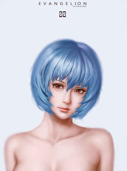 Anime picture 1188x1600 with neon genesis evangelion gainax ayanami rei bita (vaderc) single tall image looking at viewer short hair light erotic red eyes blue hair nude lips realistic girl