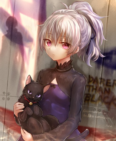 Anime picture 1446x1750 with darker than black studio bones yin (darker than black) mao (darker than black) suke single tall image looking at viewer fringe short hair hair between eyes purple eyes holding signed silver hair upper body ponytail long sleeves sunlight shadow