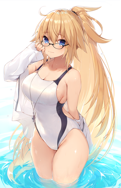 Anime picture 1000x1550 with fate (series) fate/grand order jeanne d'arc (fate) (all) jeanne d'arc (swimsuit archer) muryotaro single long hair tall image looking at viewer blush fringe breasts blue eyes light erotic simple background blonde hair hair between eyes large breasts standing white background