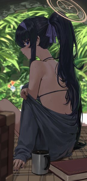 Anime picture 1110x2300 with blue archive ui (blue archive) ui (swimsuit) (blue archive) kosubi (tsuneta328) single long hair tall image looking at viewer fringe light erotic black hair hair between eyes sitting purple eyes payot ponytail nail polish profile off shoulder open clothes