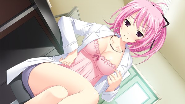 Anime picture 1280x720 with strawberry feels long hair light erotic wide image purple eyes pink hair game cg cleavage crossed legs alternate hairstyle hair up girl ribbon (ribbons) hair ribbon labcoat