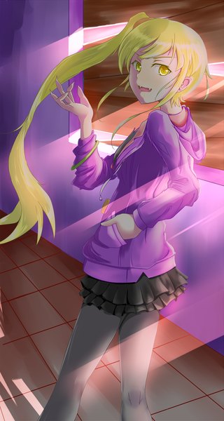 Anime picture 1200x2250 with bakemonogatari nisemonogatari shaft (studio) monogatari (series) oshino shinobu caffellatte single long hair tall image open mouth blonde hair yellow eyes looking back fang (fangs) side ponytail girl skirt miniskirt