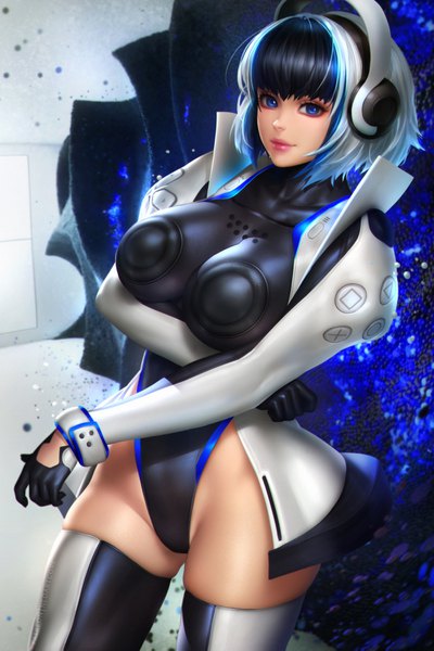 Anime picture 2400x3597 with original sony nudtawut thongmai single tall image looking at viewer fringe highres short hair breasts blue eyes light erotic black hair large breasts standing white hair blunt bangs multicolored hair light smile lips
