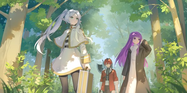 Anime picture 3544x1772 with sousou no frieren frieren fern (sousou no frieren) stark (sousou no frieren) tanmaco long hair fringe highres wide image purple eyes twintails multiple girls green eyes looking away silver hair purple hair red hair blunt bangs girl boy