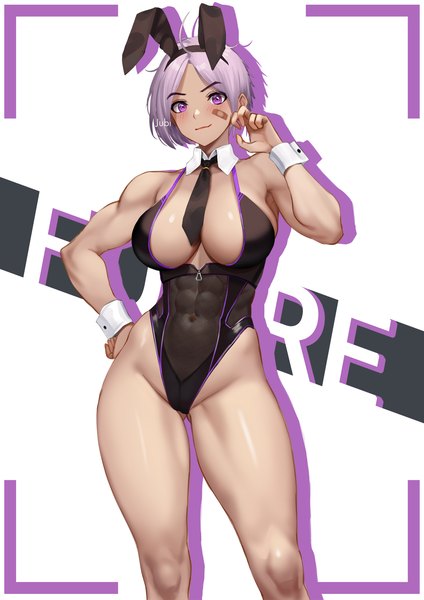 Anime picture 1190x1684 with original fore farlone (jubi) jubi (regiana) single tall image looking at viewer short hair breasts light erotic simple background smile hair between eyes large breasts white background purple eyes animal ears purple hair bunny ears character names dark skin