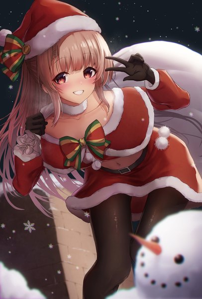 Anime picture 1575x2330 with original mogurii single long hair tall image looking at viewer blush blonde hair smile red eyes midriff leaning leaning forward grin christmas knees touching girl hat pantyhose black pantyhose