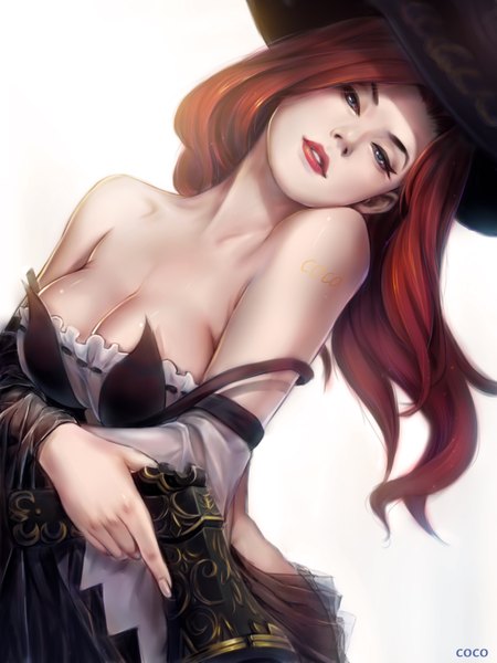 Anime picture 2633x3507 with league of legends miss fortune (league of legends) destincelly single long hair tall image looking at viewer blush highres breasts blue eyes light erotic smile large breasts white background bare shoulders signed red hair head tilt lips