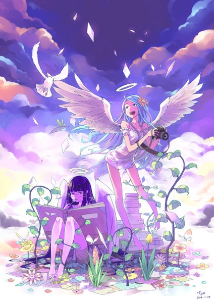 Anime picture 1767x2500 with original f3d (pixiv) long hair tall image highres open mouth blue eyes black hair smile sitting multiple girls cloud (clouds) very long hair barefoot hair flower black eyes aqua hair flying angel wings angel