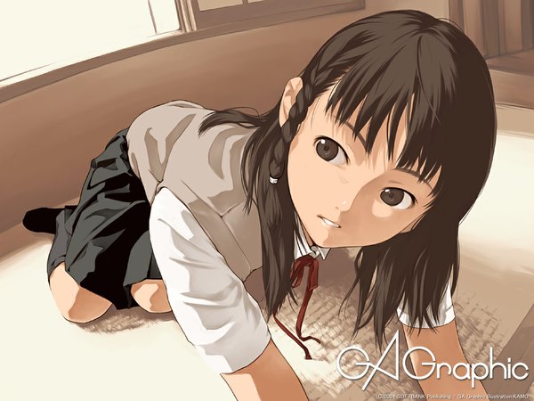 Anime picture 1024x768 with gagraphic kamo (gafas) gafas single black hair black eyes girl uniform school uniform socks vest knee socks sweater vest