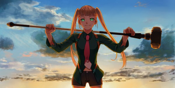 Anime picture 2489x1257 with seda kyo single long hair highres smile wide image twintails green eyes sky cloud (clouds) orange hair evening sunset girl weapon necktie shorts hammer