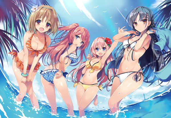 Anime picture 3600x2480 with youkoso jitsuryoku shijou shugi no kyoushitsu e horikita suzune sakura airi ichinose honami (youjitsu) kushida kikyou tomose shunsaku long hair looking at viewer fringe highres short hair breasts open mouth blue eyes light erotic black hair smile brown hair large breasts standing