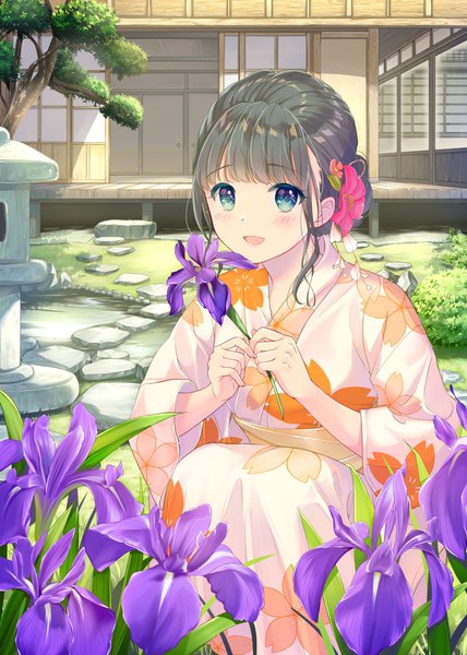 Anime-Bild 1000x1401 mit original pechi (peeechika) single long hair tall image blush fringe open mouth black hair payot outdoors blunt bangs traditional clothes :d japanese clothes aqua eyes floral print squat girl flower (flowers)