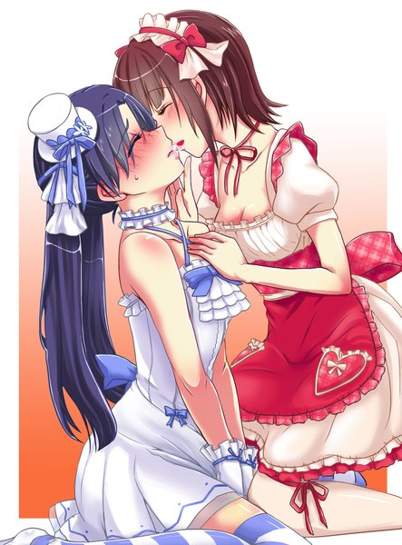 Anime picture 1616x2187 with idolmaster kisaragi chihaya amami haruka noyuki1204 long hair tall image blush short hair breasts open mouth light erotic brown hair sitting twintails multiple girls blue hair cleavage eyes closed maid embarrassed