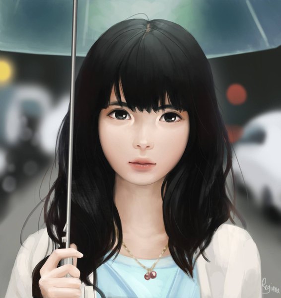 Anime picture 1496x1584 with real life jubi (regiana) single long hair tall image looking at viewer fringe black hair holding signed upper body black eyes blurry realistic depth of field portrait girl pendant umbrella