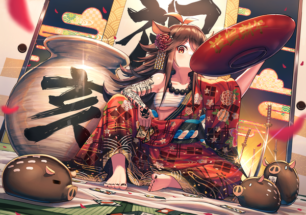 Anime picture 5016x3541 with original mazeru (oekaki1210) single long hair looking at viewer blush highres breasts light erotic red eyes brown hair sitting animal ears absurdres full body ahoge indoors nail polish traditional clothes japanese clothes