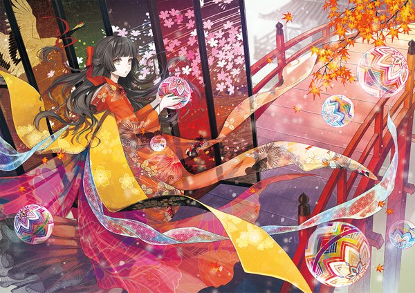 Anime picture 1654x1169 with original amaichi esora single long hair fringe black hair holding payot looking away blunt bangs traditional clothes japanese clothes from above wind black eyes half updo autumn girl ribbon (ribbons) hair ribbon
