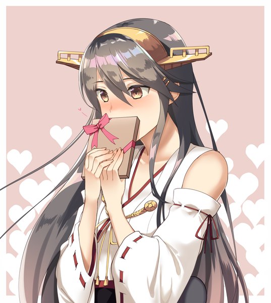 Anime picture 895x1000 with kantai collection haruna battleship eko single long hair tall image blush fringe black hair hair between eyes brown eyes looking away upper body embarrassed border covered mouth valentine remodel (kantai collection) girl detached sleeves